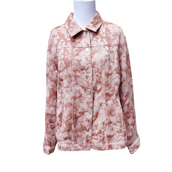 Chico's Jackets & Blazers - Chico's Sz 2 Red Tan Floral Damask Tapestry Jacket Pockets Collar Chicos Sz L 12